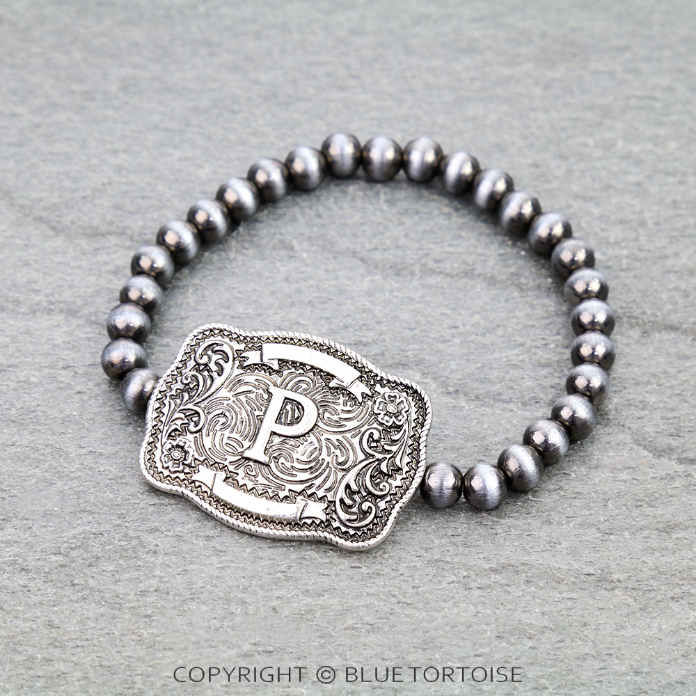 Western Belt Buckle Initial Stretch Bracelet