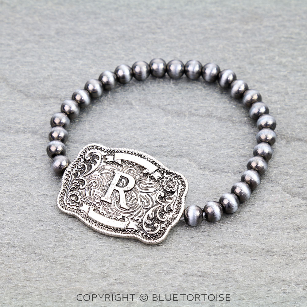 Western Belt Buckle Initial Stretch Bracelet