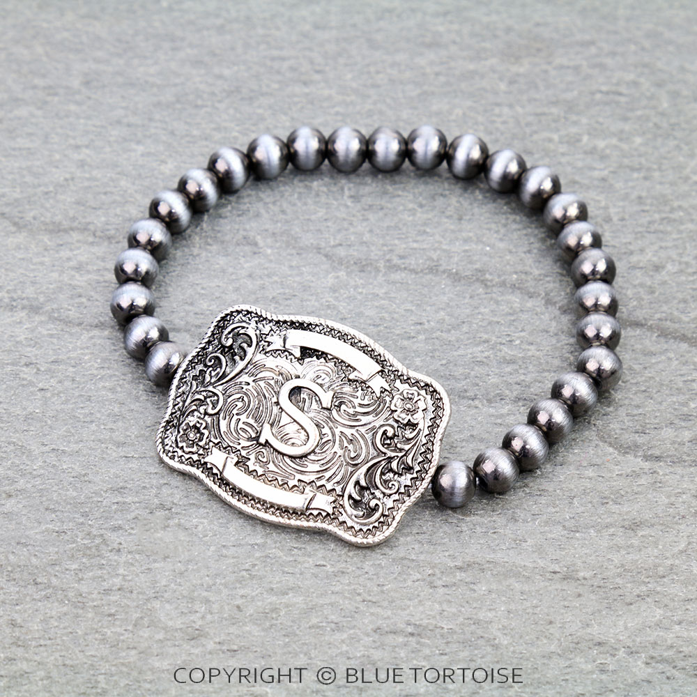 Western Belt Buckle Initial Stretch Bracelet