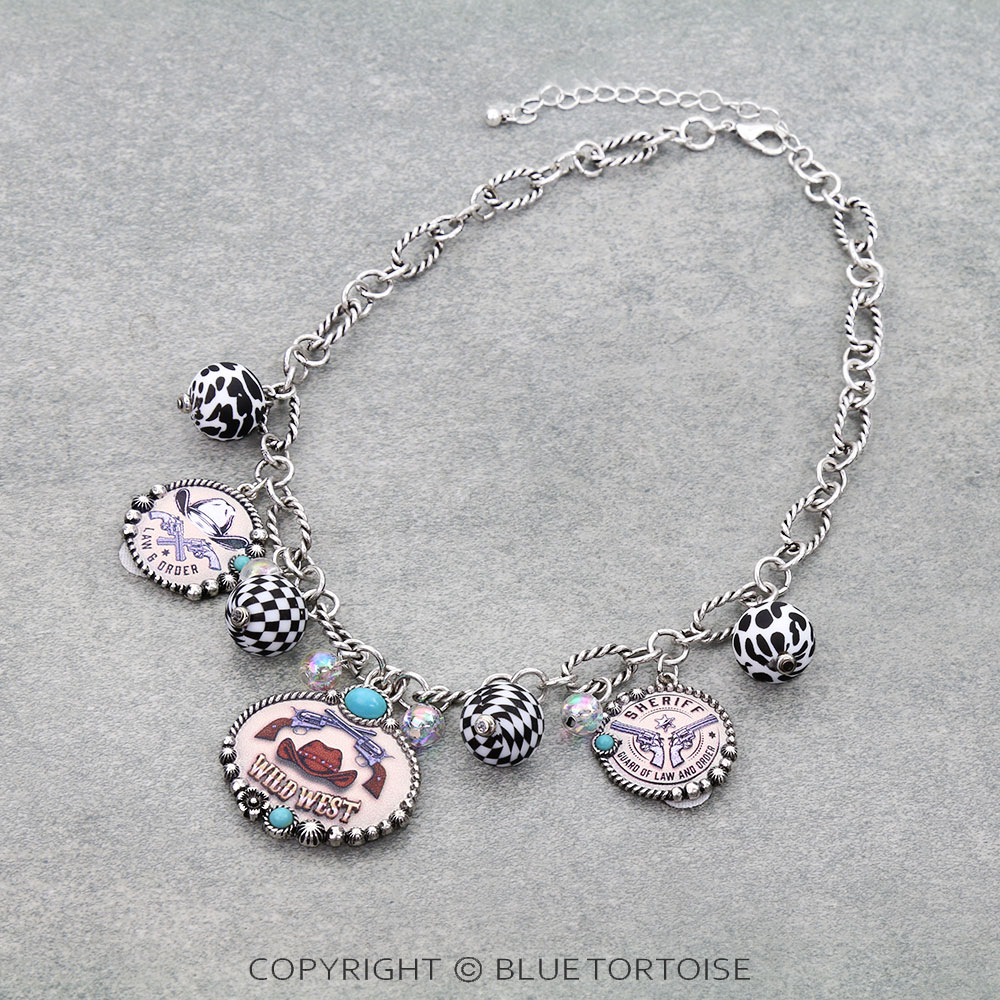 Western Gun Print Multi Charm Necklace