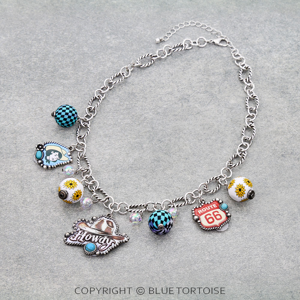 Western Howdy Print Multi Charm Necklace