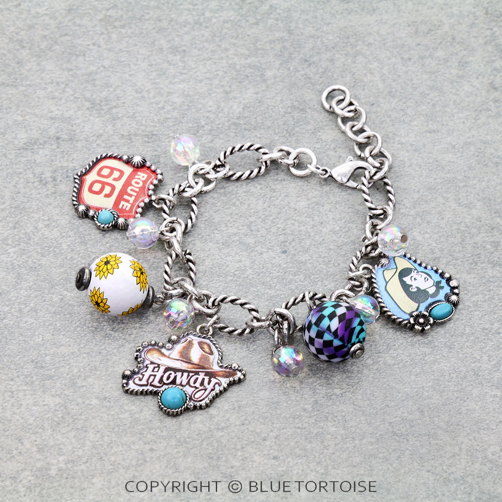 Western Howdy Print Multi Charm Link Bracelet