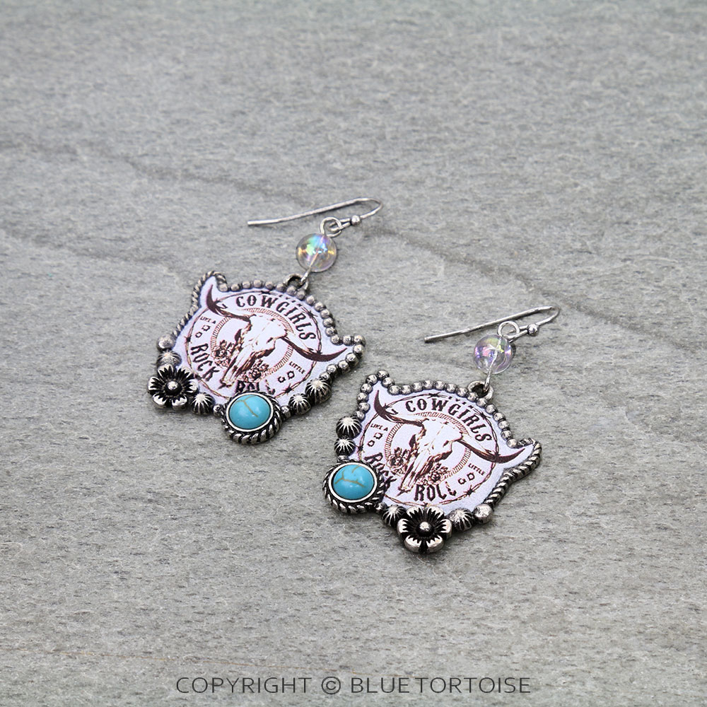 Western Steer Skull Print Dangle Earrings