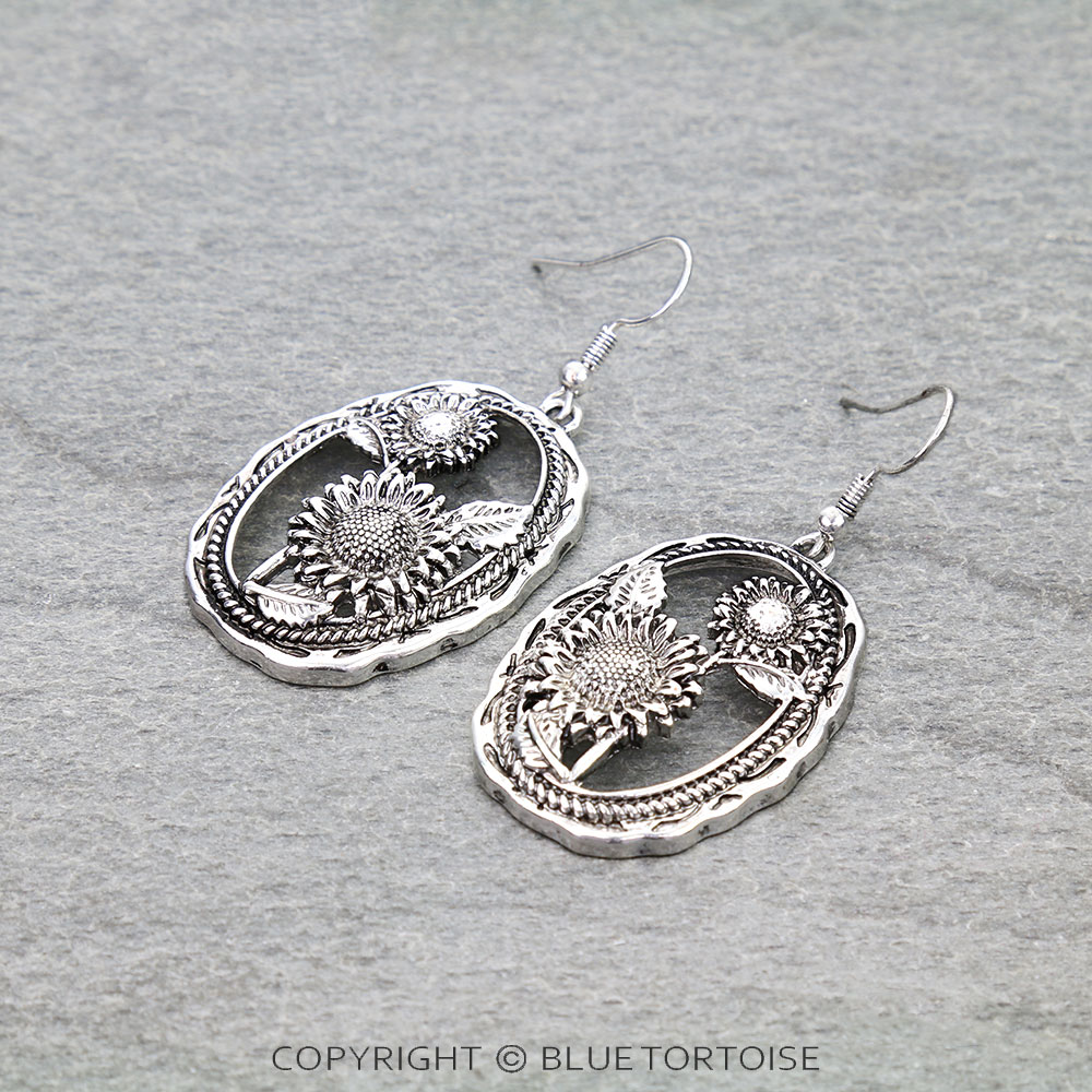 Western Sunflower Cutout Oval Dangle Earrings