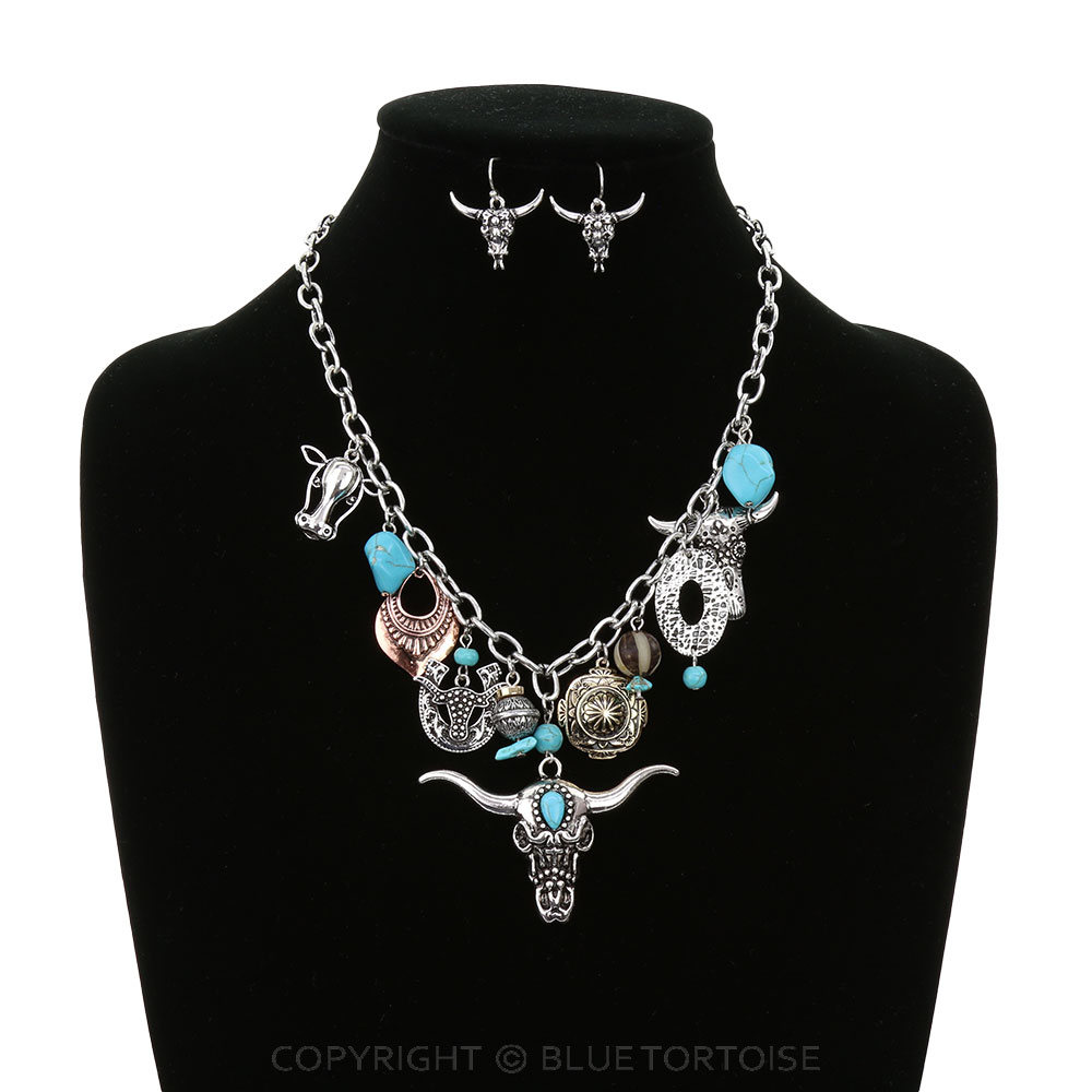 Western Steer Skull Multi Charm Necklace Set - Image 2