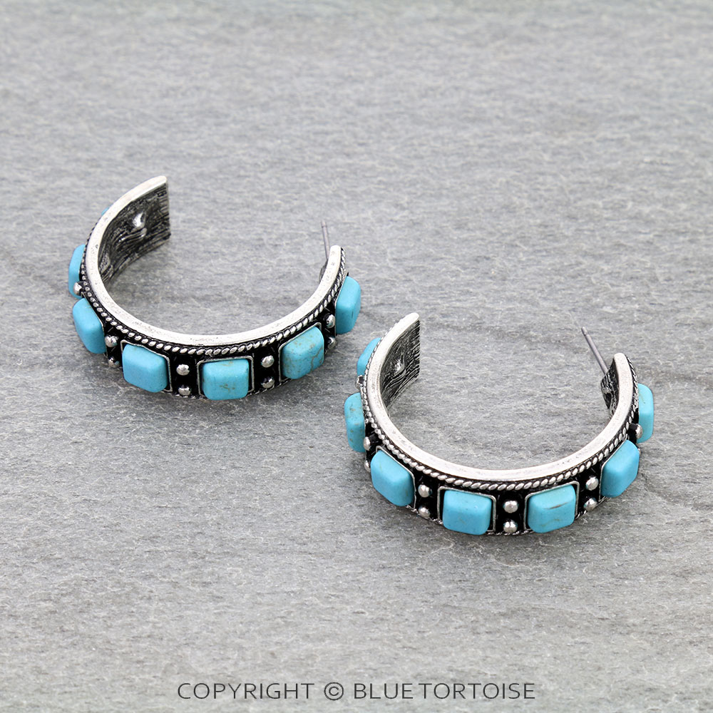 Western Ball TXR Square Stone Hoop Earrings