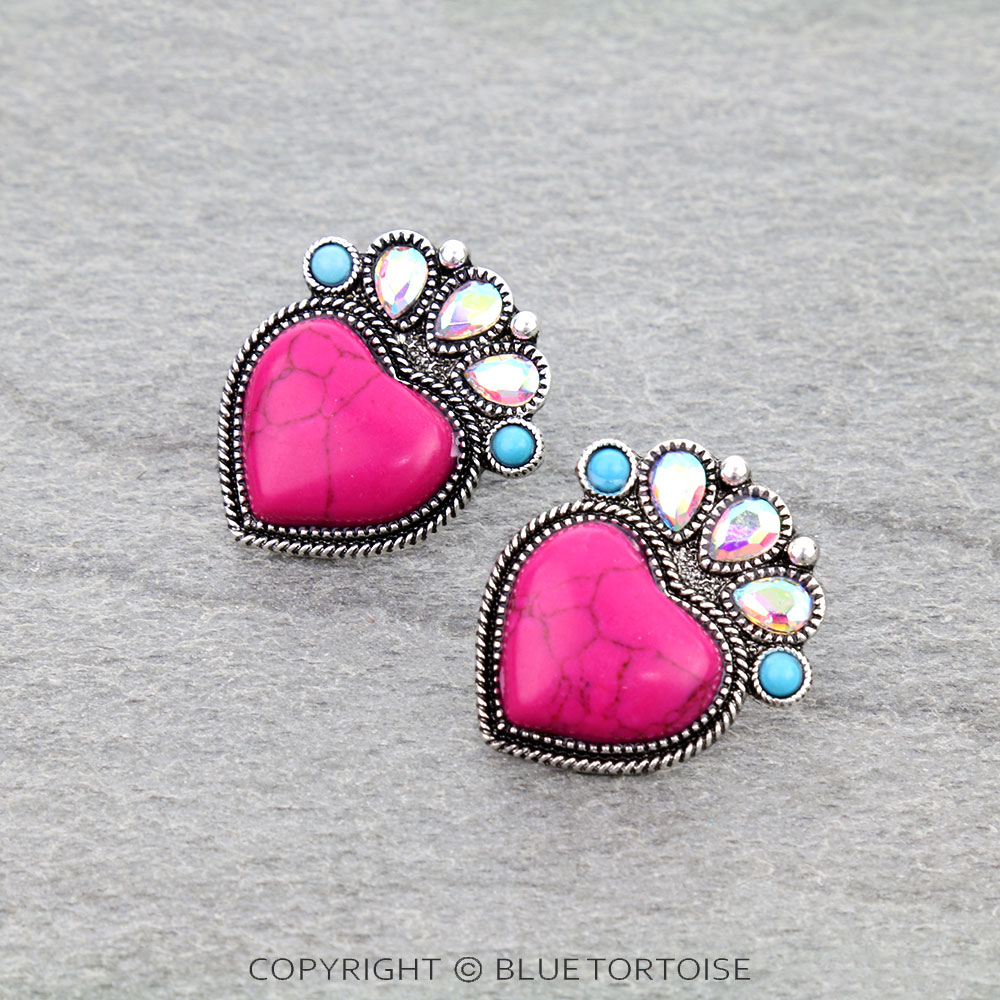 Western Heart Hand Stone Stud Earrings