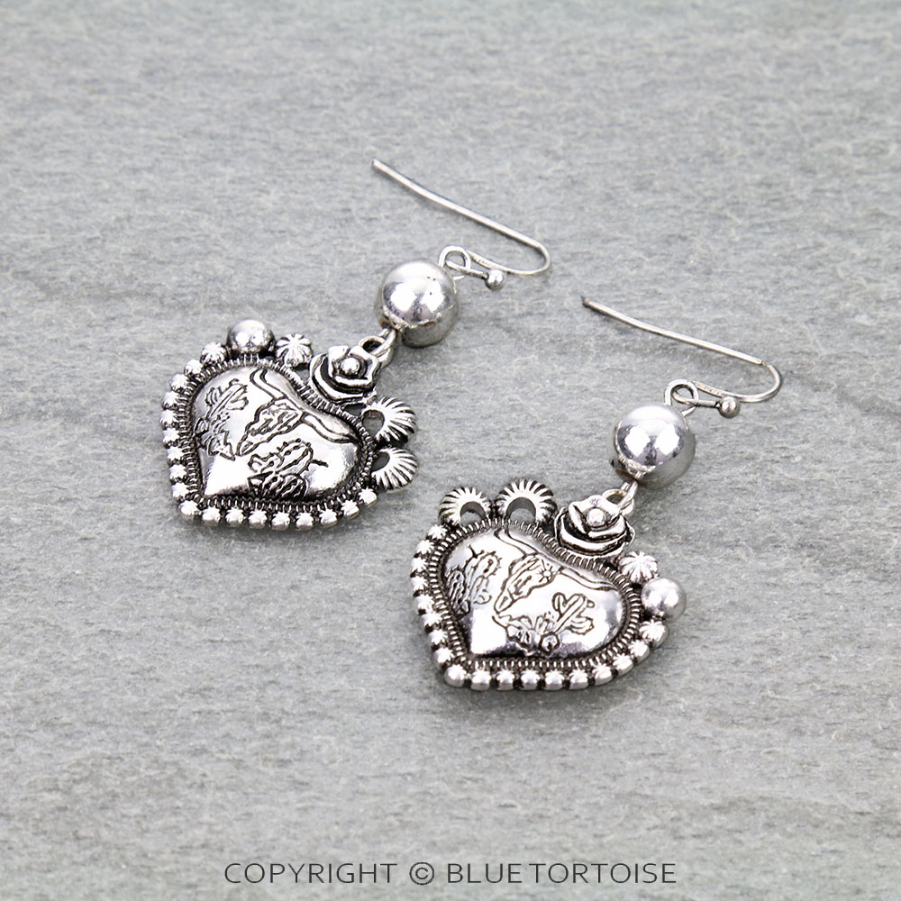 Western Ball TXR Steer Skull Heart Dangle Earrings