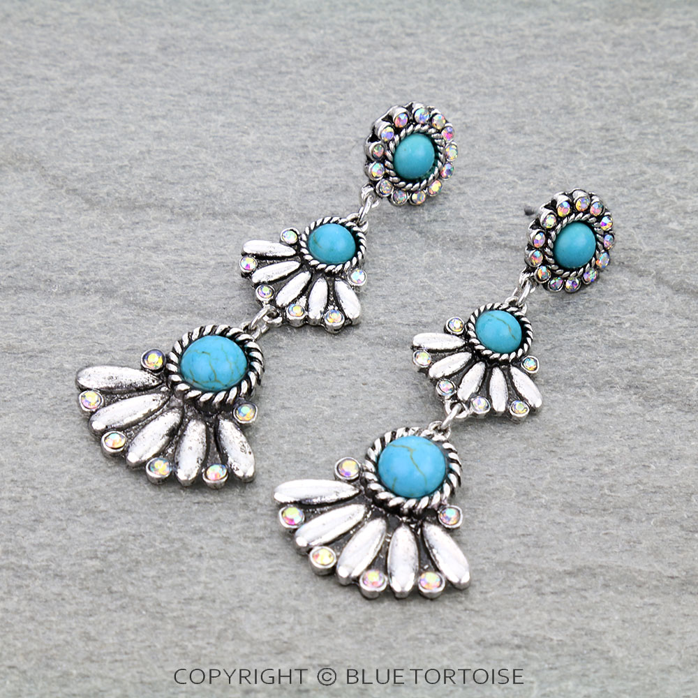 Western Half Concho Stone Drop Stud Earrings