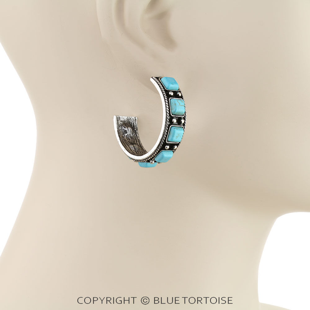 Western Ball TXR Square Stone Hoop Earrings - Image 2