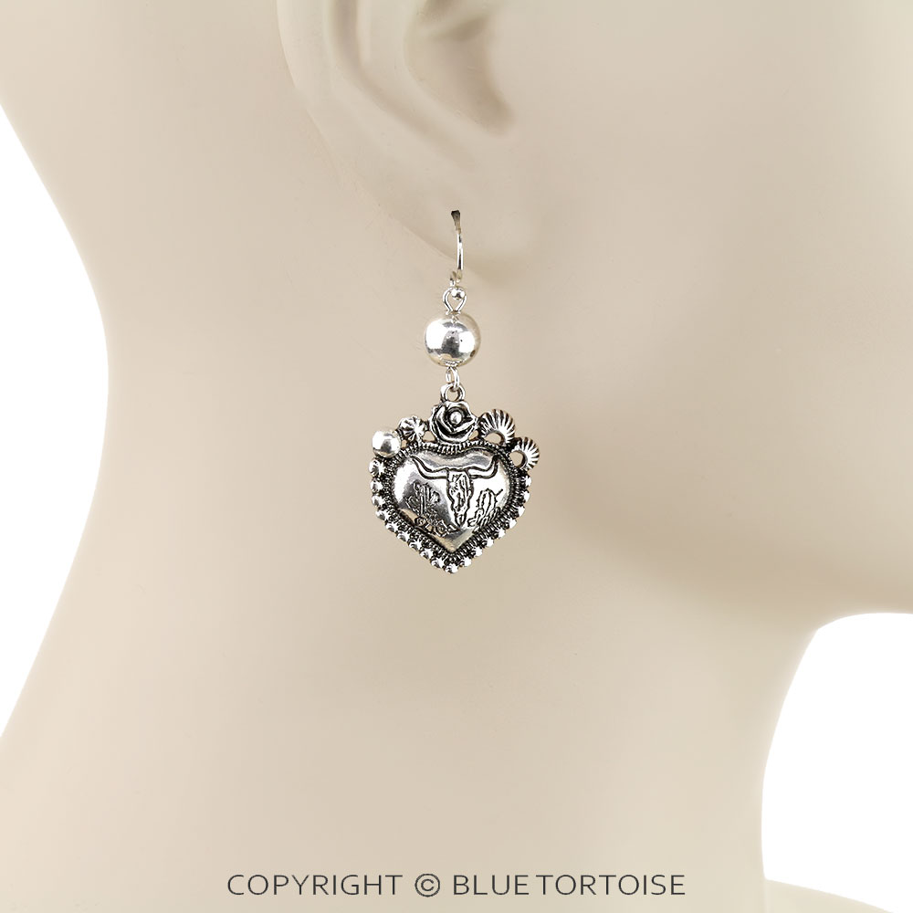 Western Ball TXR Steer Skull Heart Dangle Earrings - Image 2