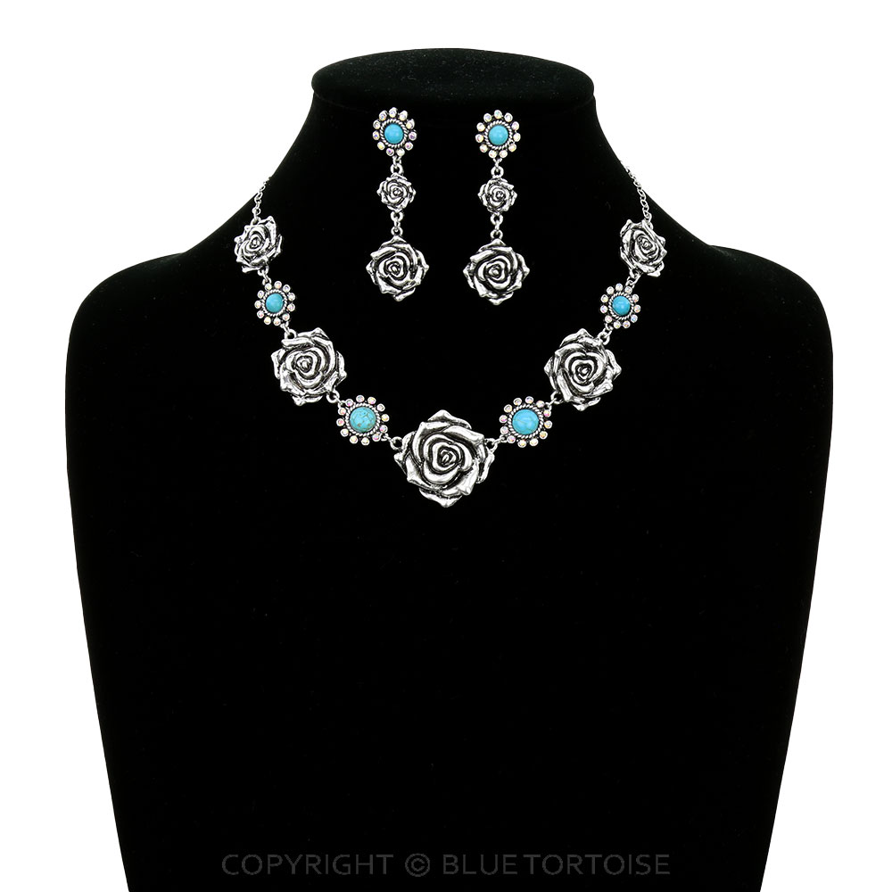 Western Rose with Stone Statement Necklace Set - Image 2