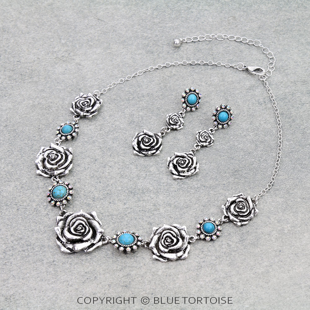 Western Rose with Stone Statement Necklace Set