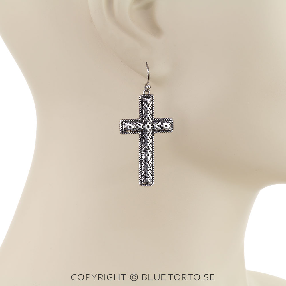 Western Aztec TXR Cross Dangle Earrings - Image 2