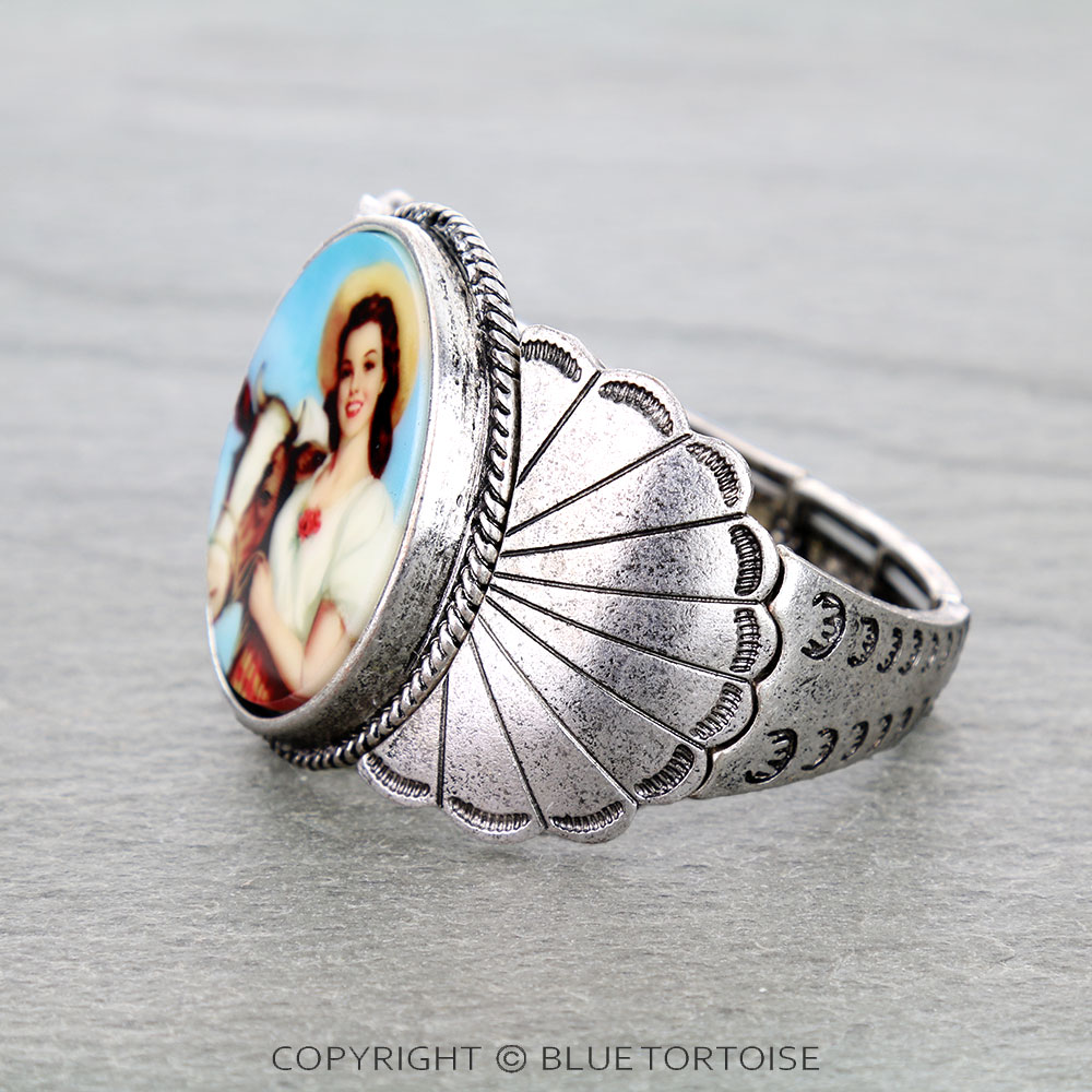 Western Vintage Cowgirl Portrait Cuff Stretch Bracelet - Image 2