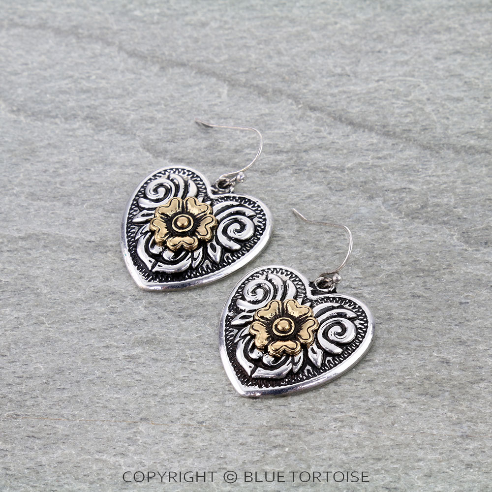 Western Flower Heart Dangle Earrings