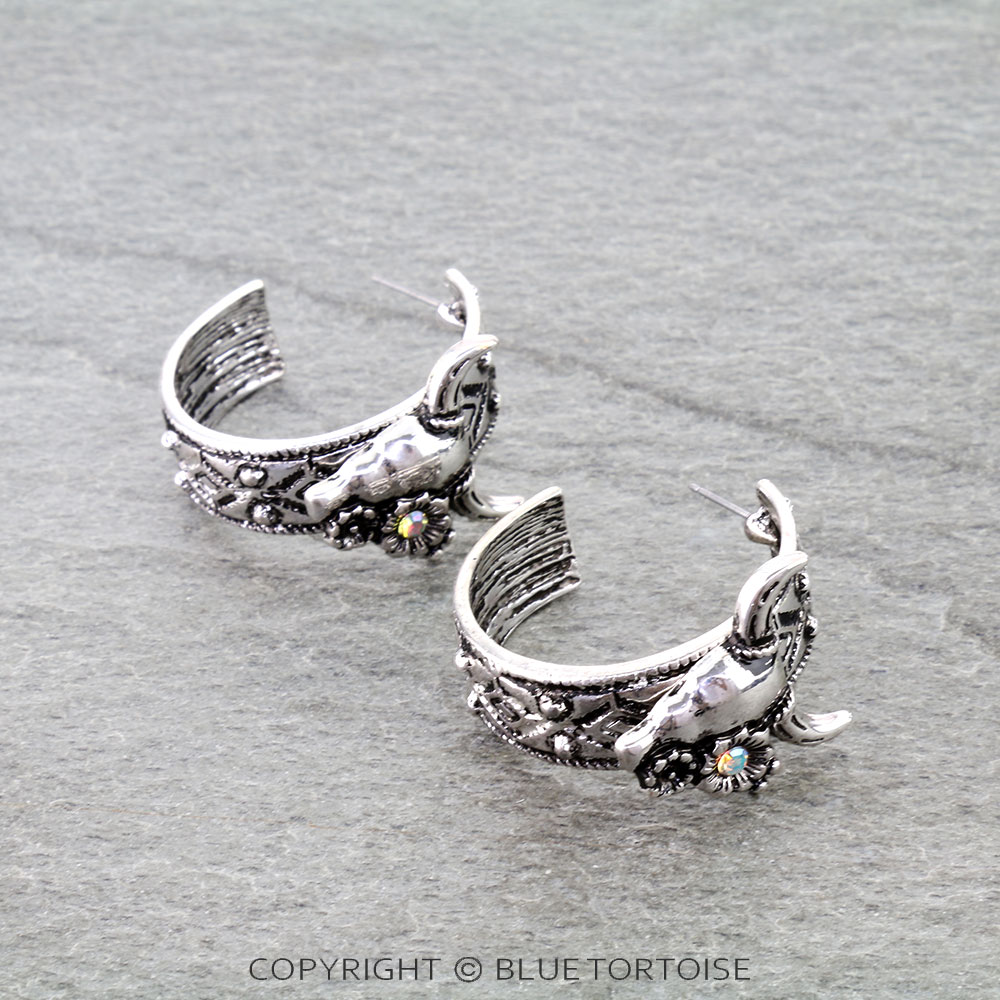 Western Steer Skull Hoop Earrings
