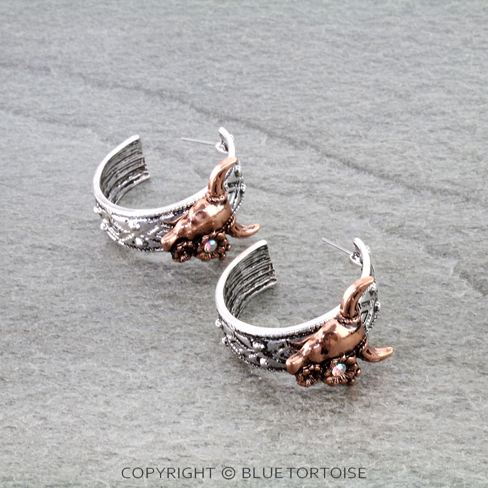 Western Steer Skull Hoop Earrings