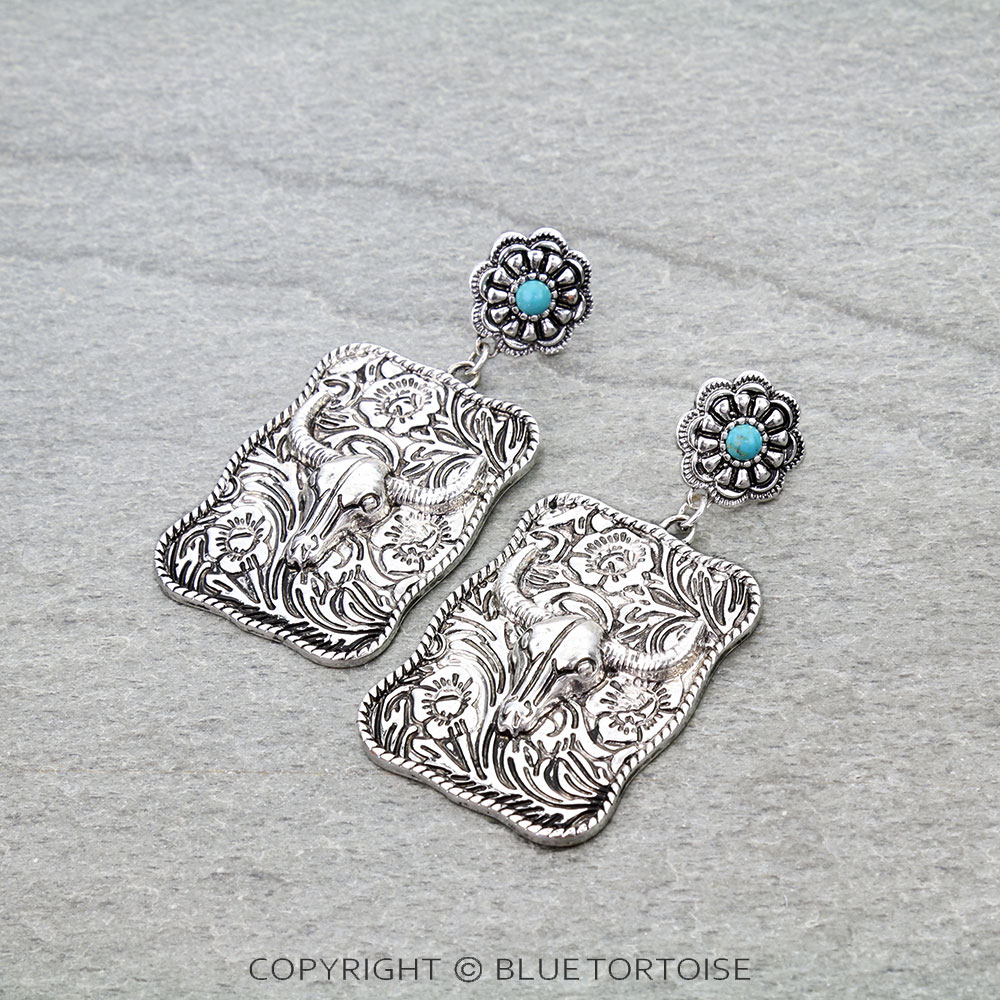 Western Steer Skull Plate Stud Earrings