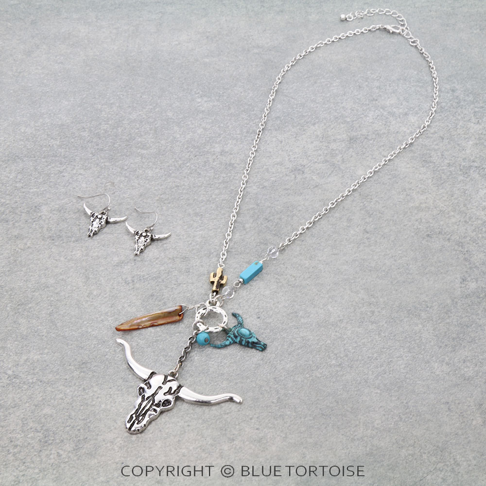 Western Steer Skull Pendant Necklace Set