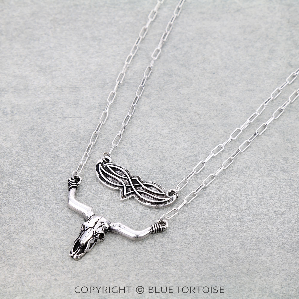 Western Steer Skull Boot Stitch 2 Layered Necklace
