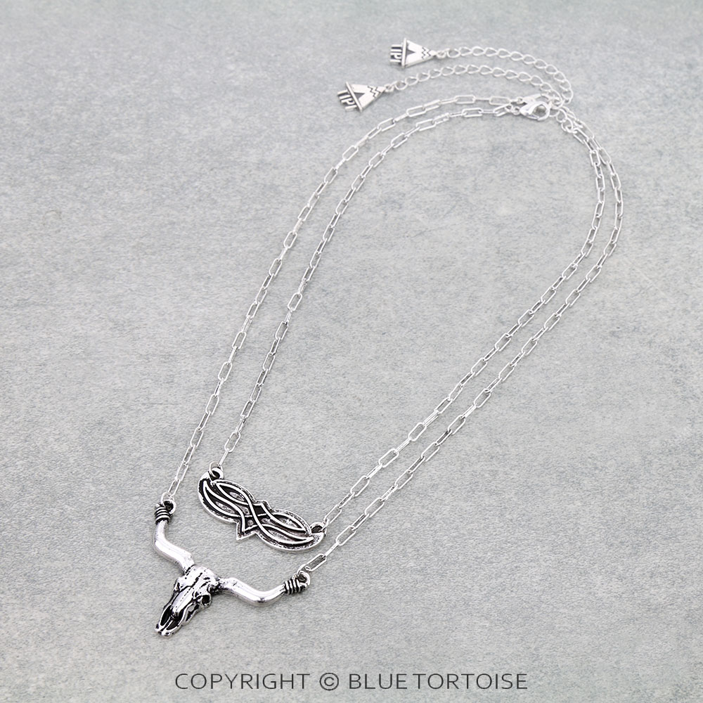 Western Steer Skull Boot Stitch 2 Layered Necklace - Image 3