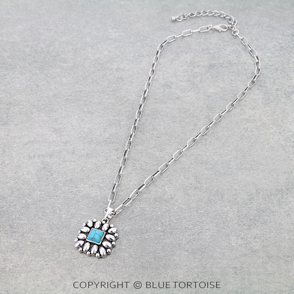 Western Square Flower Concho Necklace