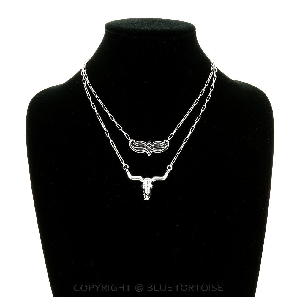 Western Steer Skull Boot Stitch 2 Layered Necklace - Image 2