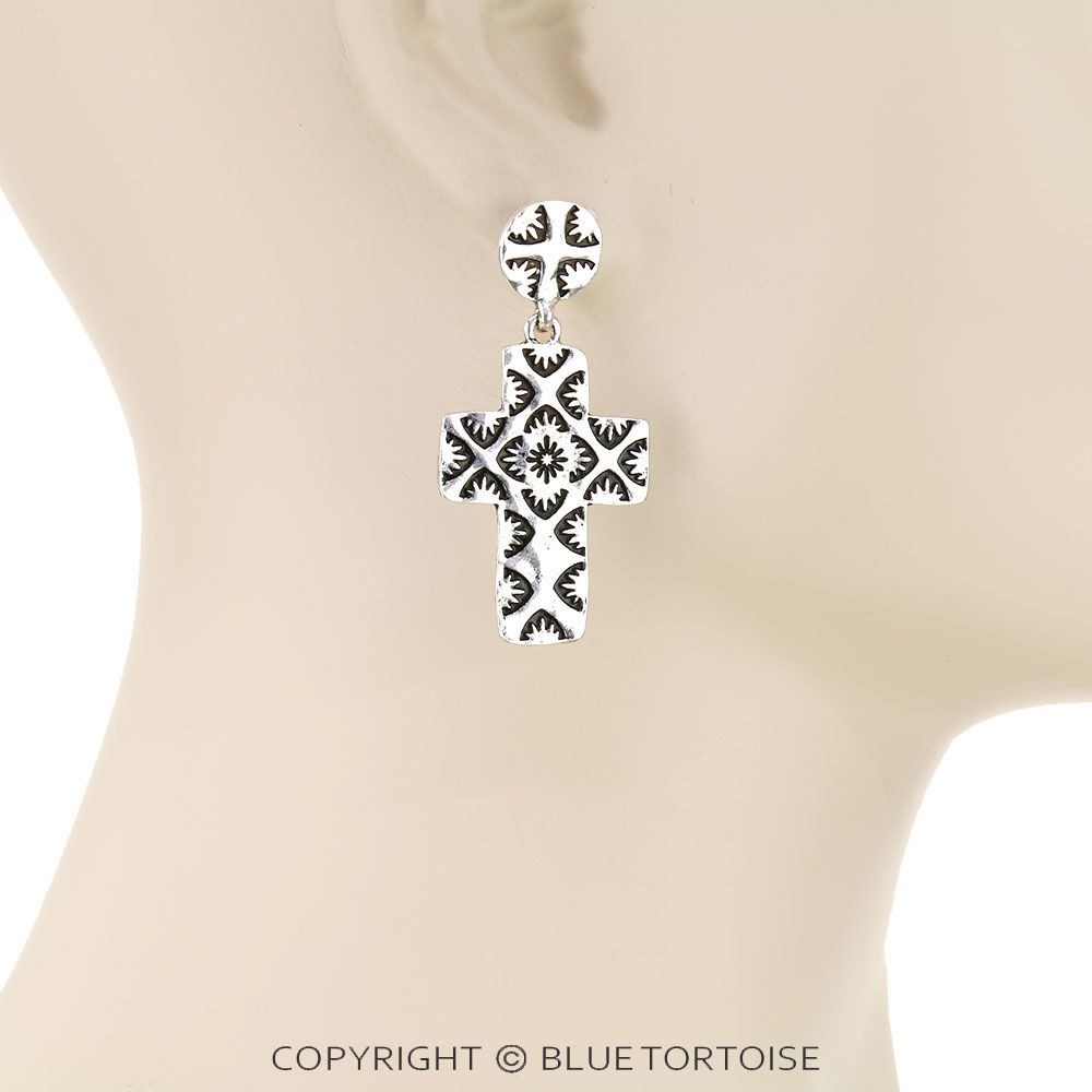 Western Etched Cross Stud Earrings - Image 2