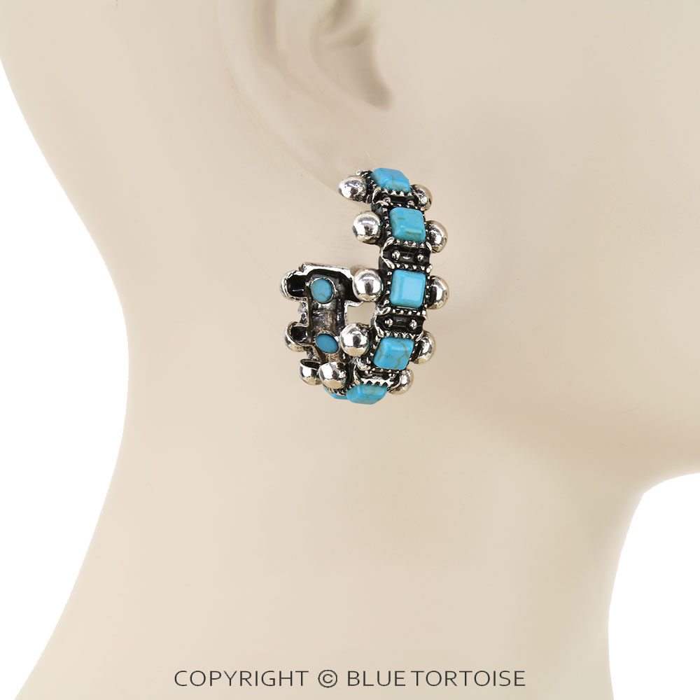 Western Bubble Ball Stone Hoop Earrings - Image 2