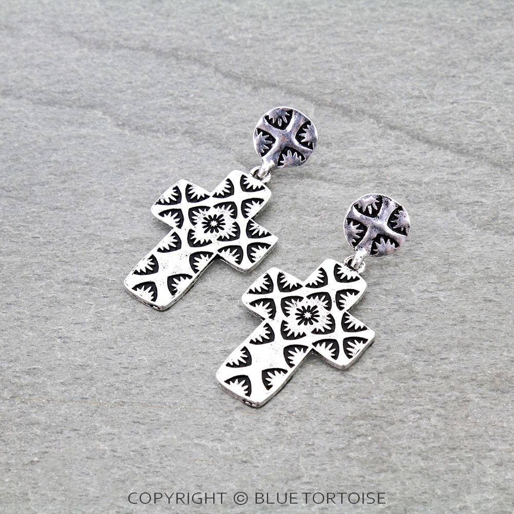 Western Etched Cross Stud Earrings
