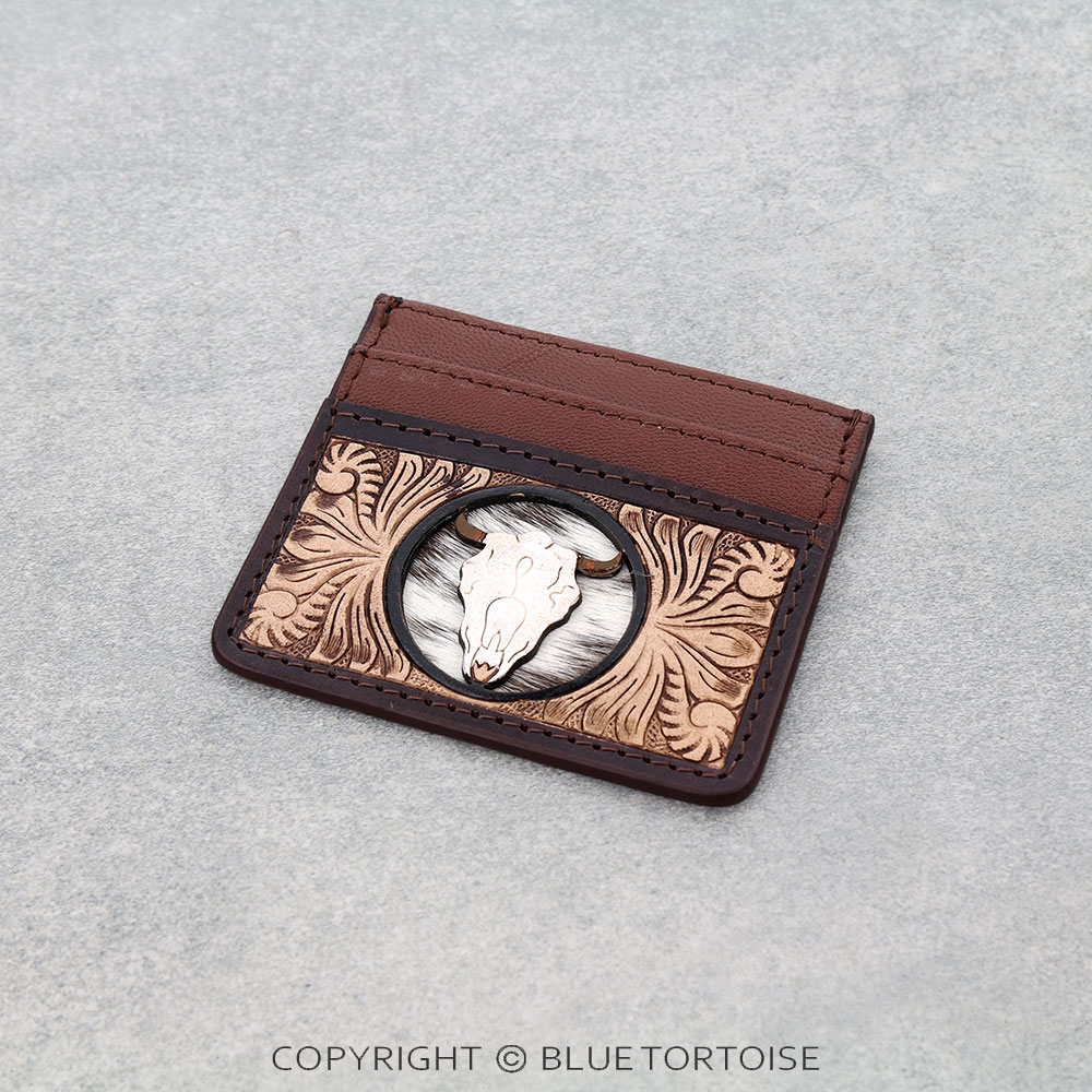 Western Tooled Leather Card Holder - Steer Skull