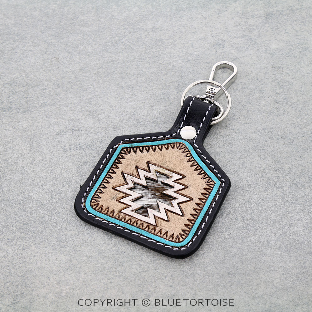 Western Tooled Leather Ear Tag Keychain - Aztec