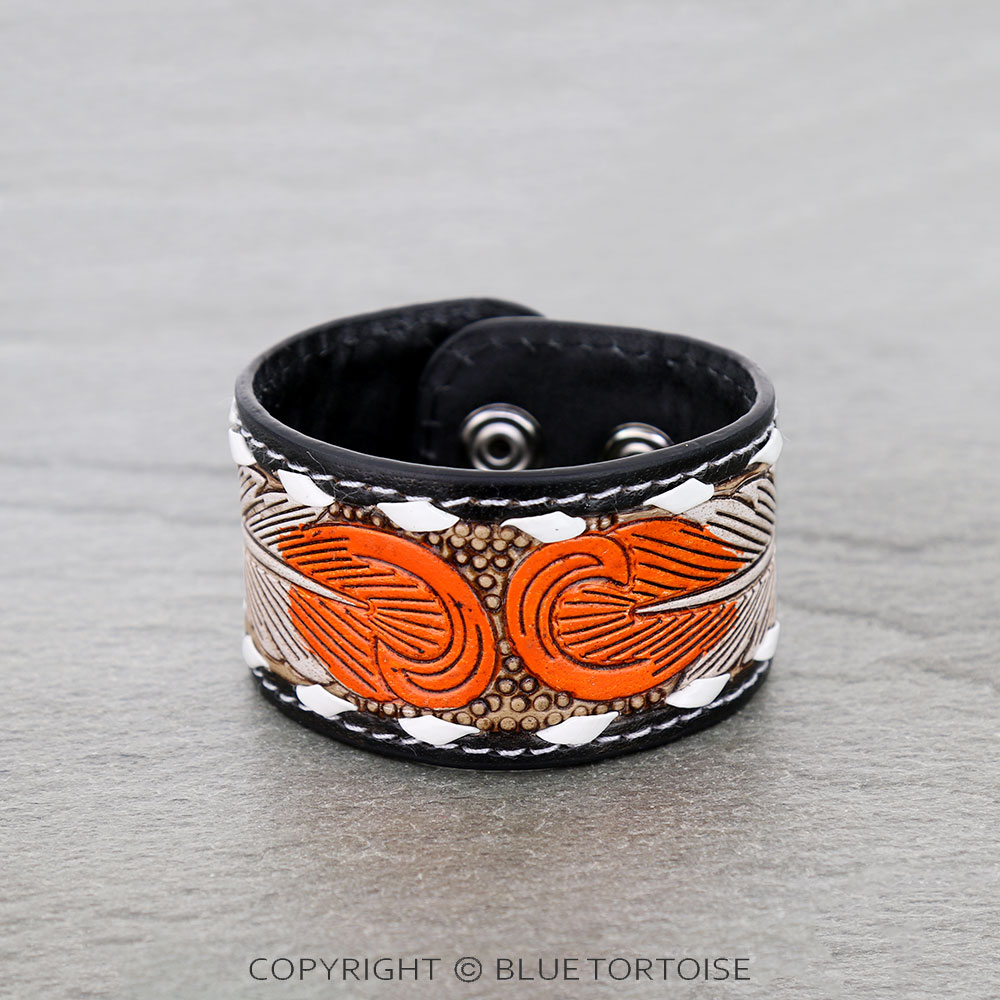 Western Genuine Tooled Leather Bracelet - Feather Pattern