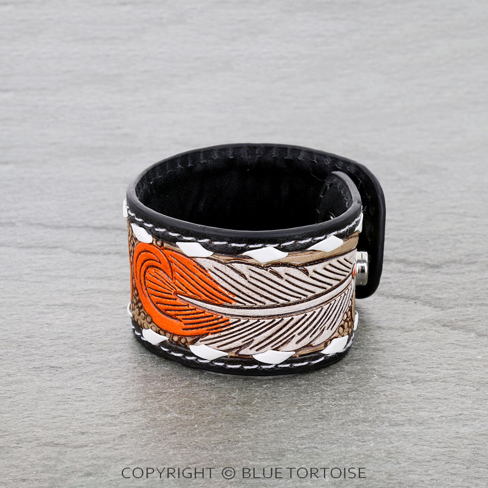Western Genuine Tooled Leather Bracelet - Feather Pattern - Image 2