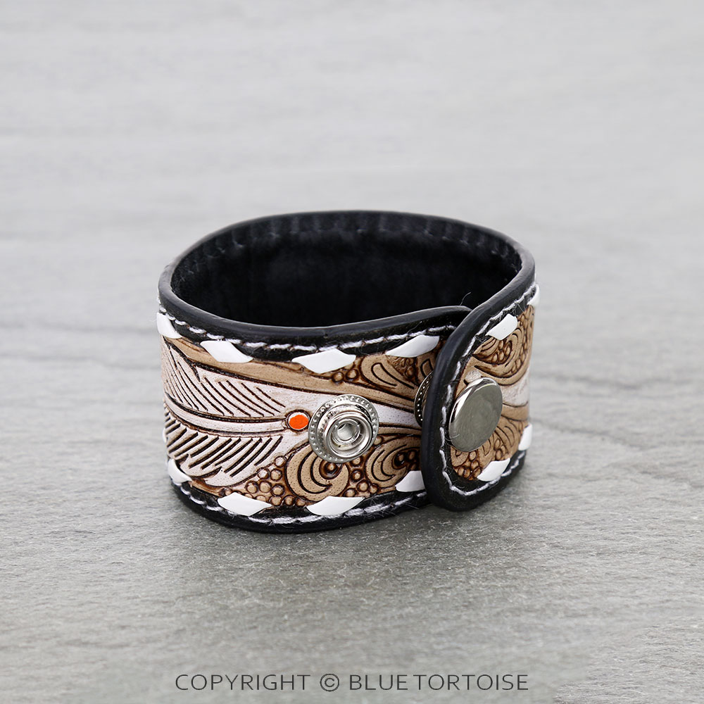 Western Genuine Tooled Leather Bracelet - Feather Pattern - Image 3