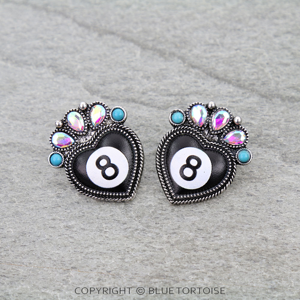 Western 8 Ball Heart Stud Earrings