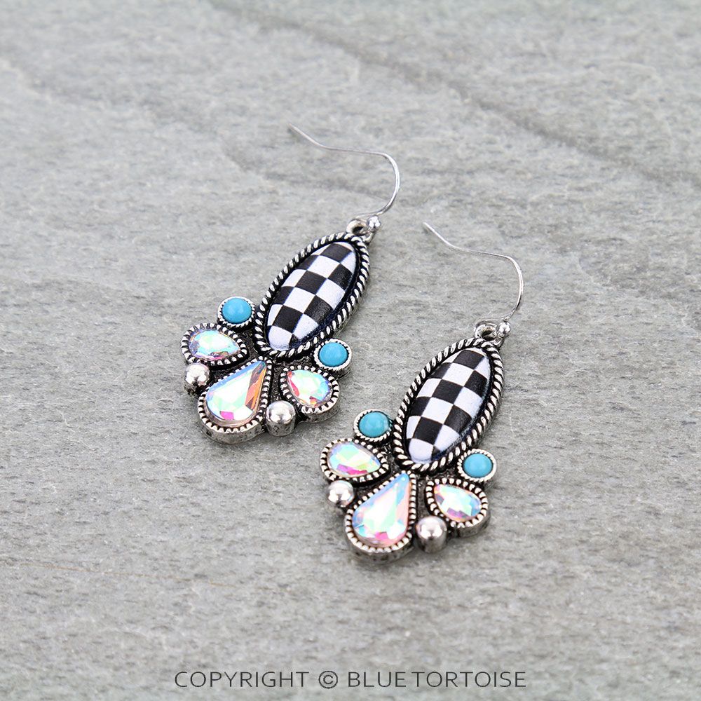 Western Checker Oval Dangle Earrings