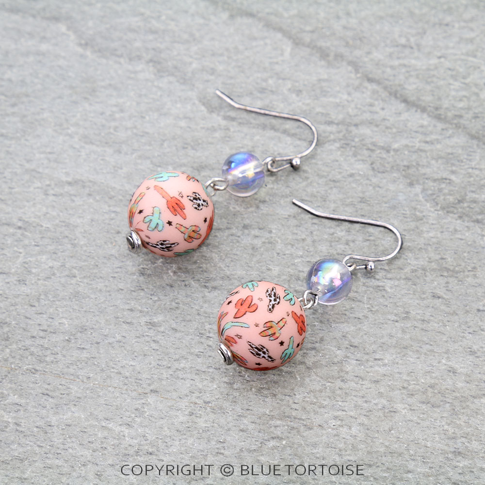 Western Cactus Print Silicon Ball Dangle Earrings