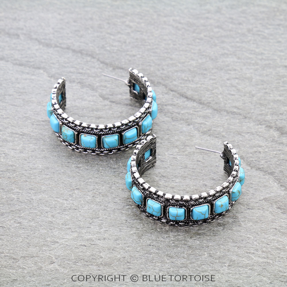 Western Chain TXR Square Stone Hoop Earrings