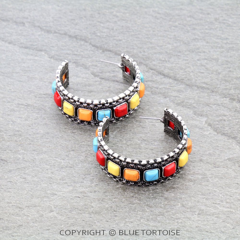 Western Chain TXR Square Stone Hoop Earrings