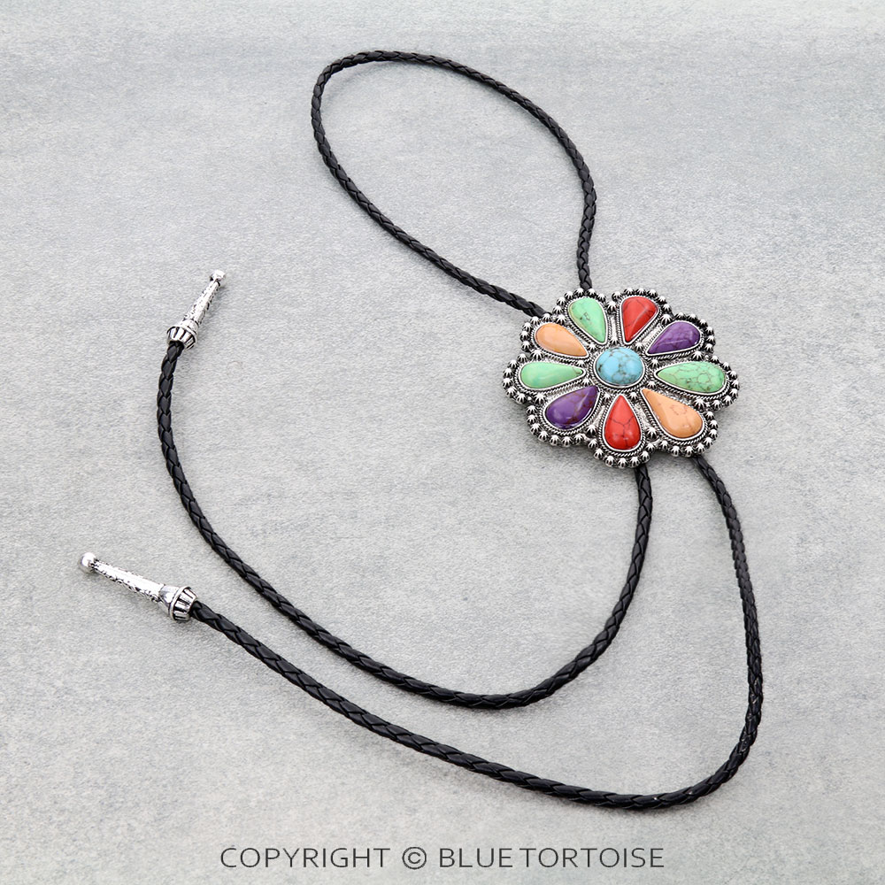 Western Concho Hand Stone Bolo Necklace