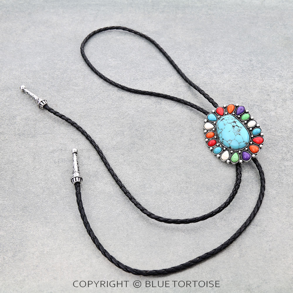 Western Concho Hand Stone Bolo Necklace