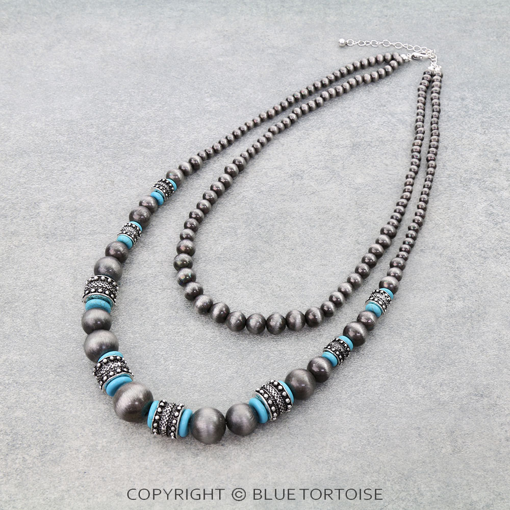 2 Layered Navajo Style Pearl & Bead Necklace