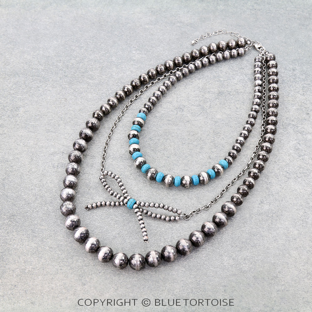 3 Layered Navajo Style Pearl & Bead Bow Necklace