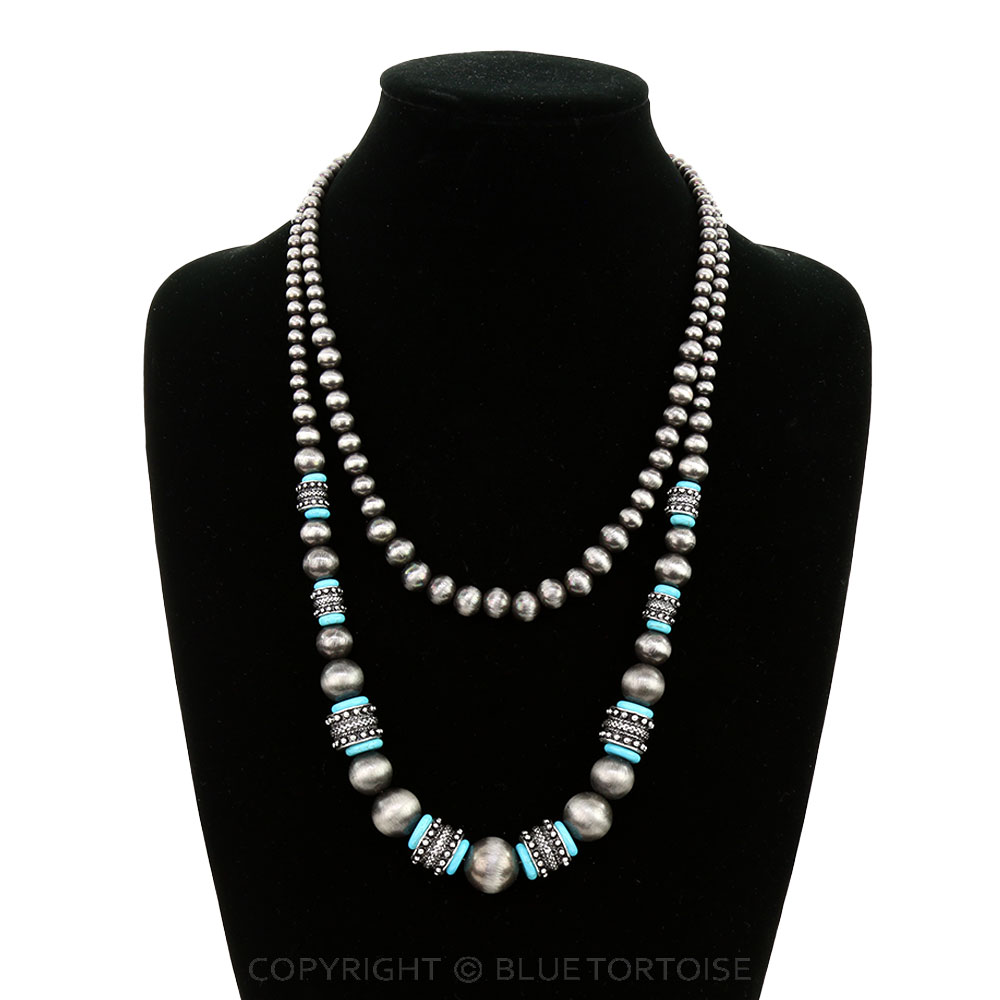 2 Layered Navajo Style Pearl & Bead Necklace - Image 2