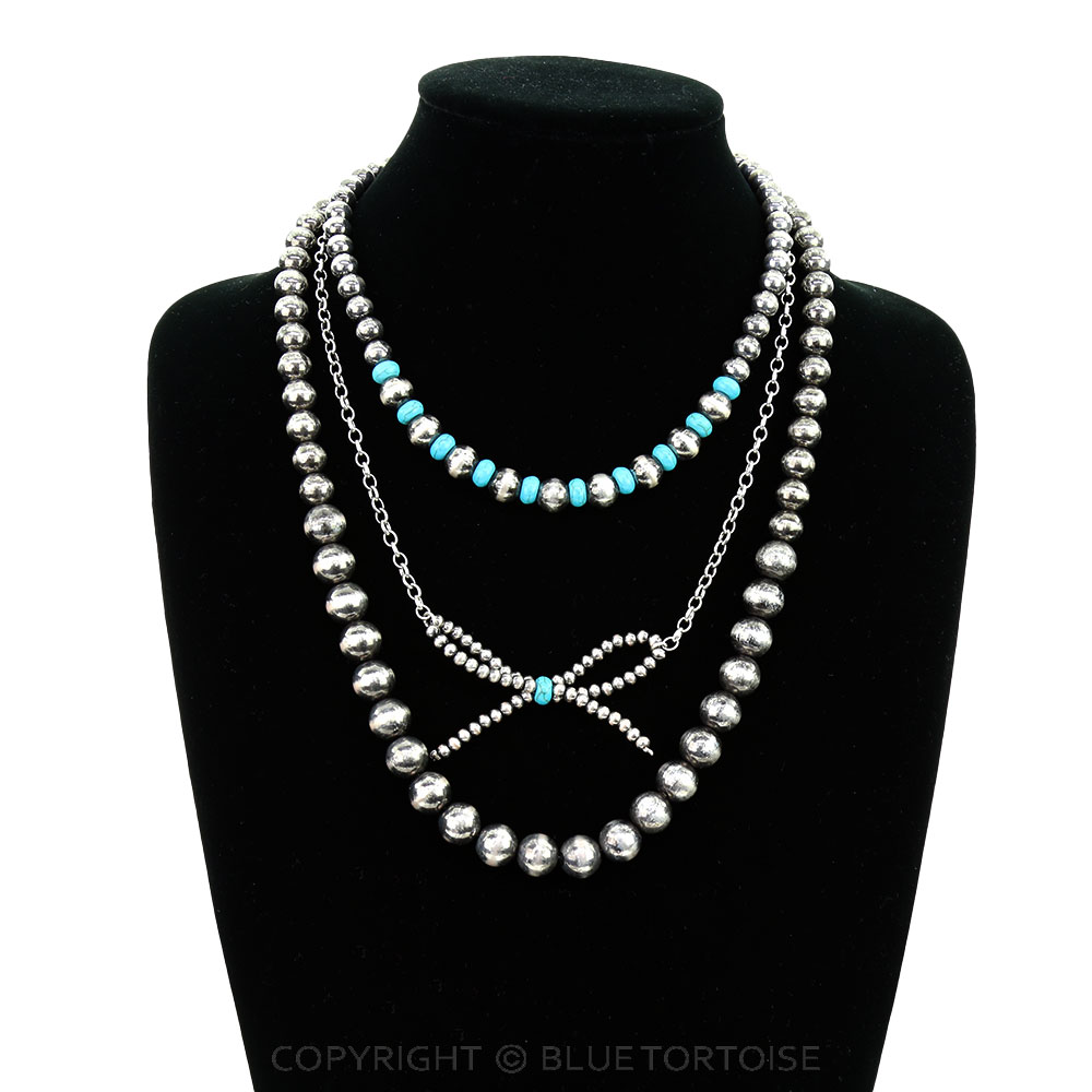 3 Layered Navajo Style Pearl & Bead Bow Necklace - Image 2