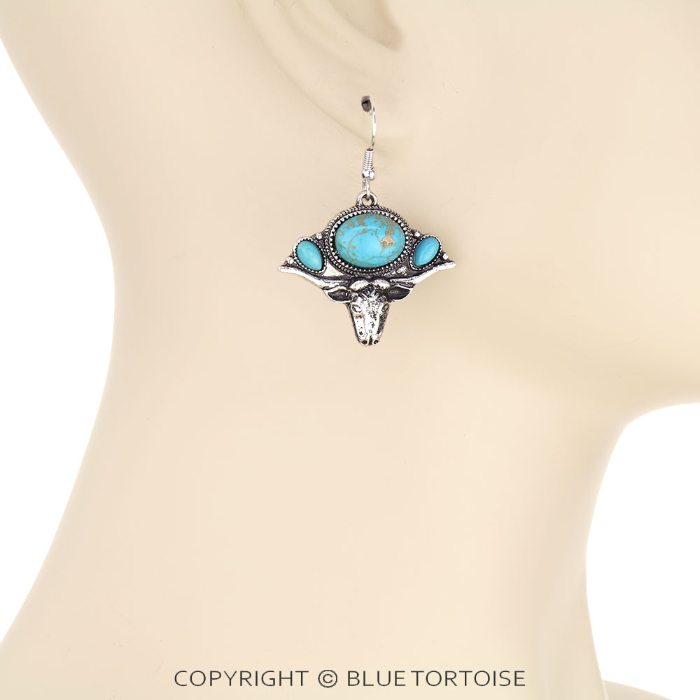 Western Steer Skull Stone Dangle Earrings - Image 2