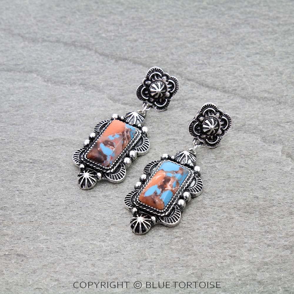 Western Rectangle Stone Concho Stud Earrings