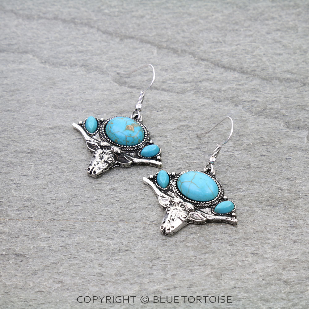 Western Steer Skull Stone Dangle Earrings
